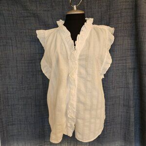 NWOT Dylan W XL White Pique Striped Cotton Sleeveless Ruffled V Neck Blouse A236